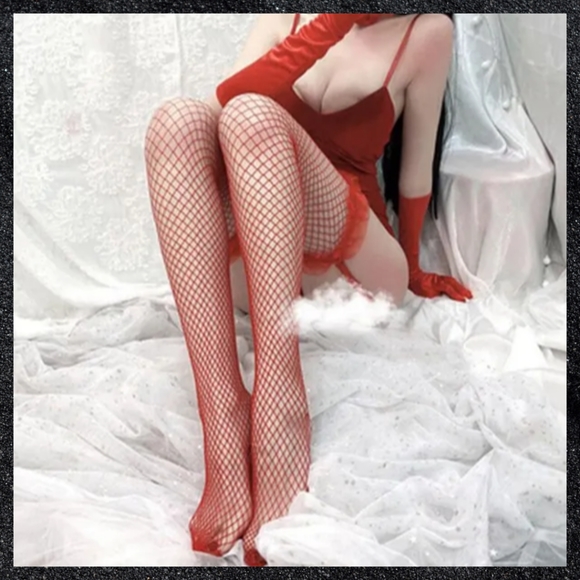 Red Ruffle Fishnet Thigh Highs - Picture 3 of 6